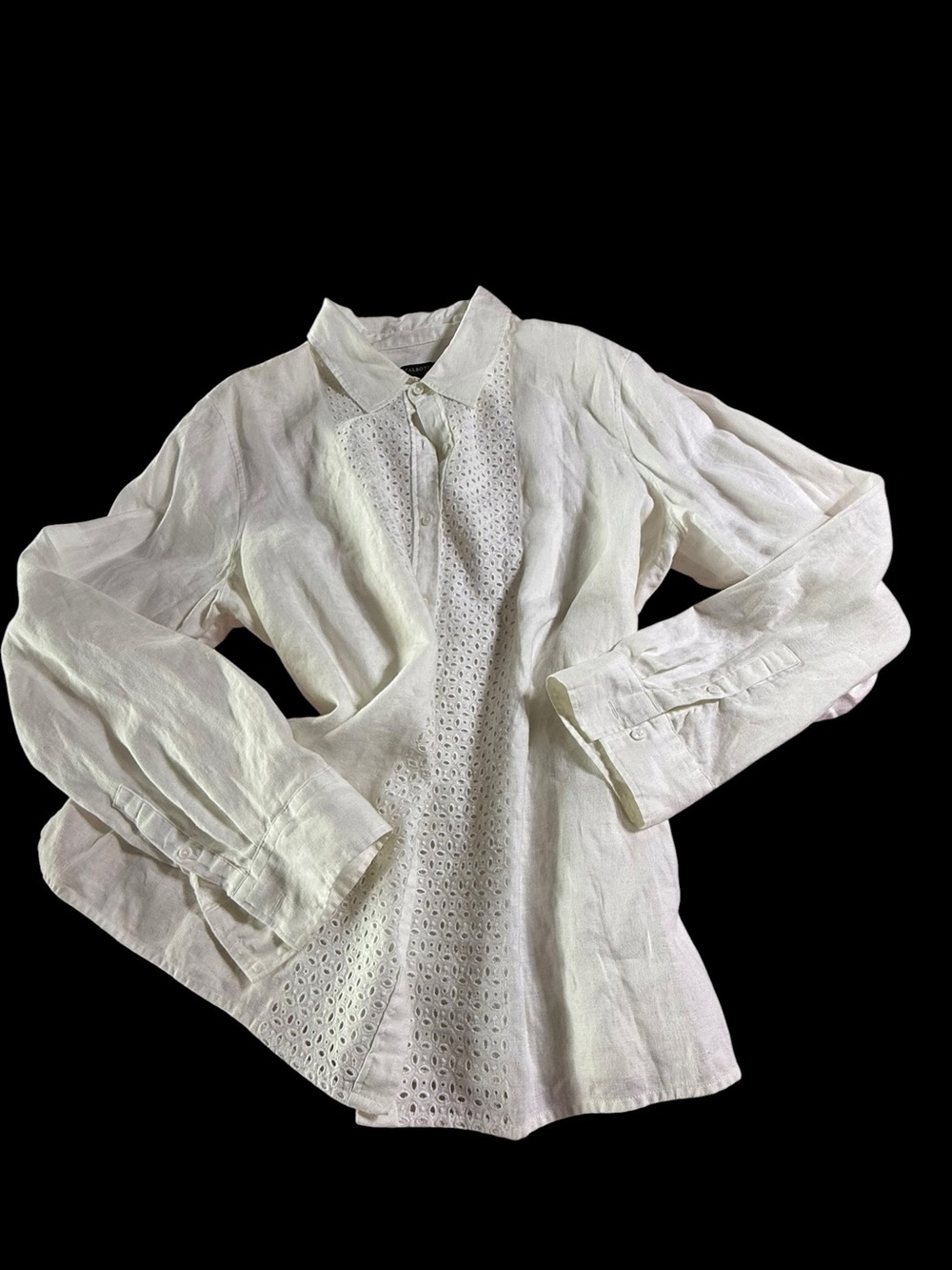 Talbots 100% Linen White Eyelet Front Button-Down Blouse